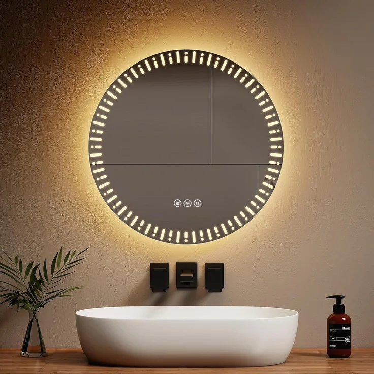 EMKE Runder Badezimmerspiegel mit LED-Hintergrundbeleuchtung, Durchmesser 60 cm, mit Anti-Beschlag + Touch-Schalter + 3 Lichtfarben variabel, runder Spiegel, modern, Badezimmerspiegel – Bild 3