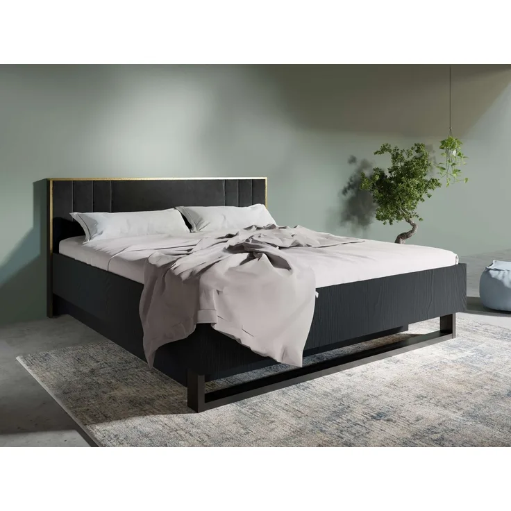 Leonique Bett Bett Bellot mit Stauraum, ohne Matratze, BxTxH 189x211x97 cm, mit einem gepolsterten, schwarzen Kopfteil und einem goldenen Rand