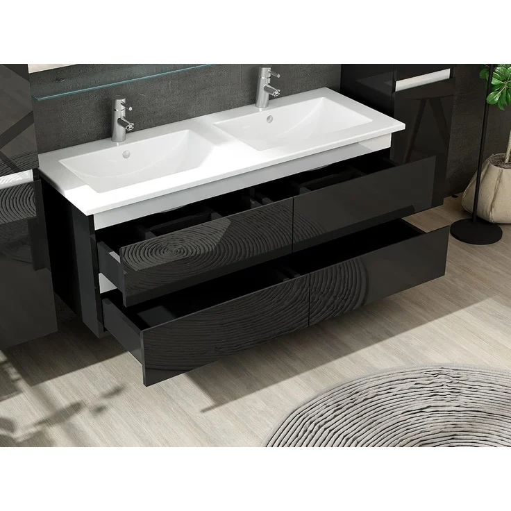 Homeline Badmöbel Set mit Schubladen Glas ablage (Marcel Schwarz, 120 cm Doppelbecken 1x Hochschrank) – Bild 4