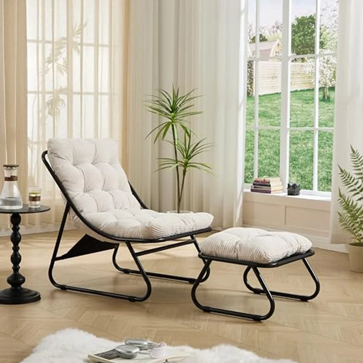 Ball & Cast Outdoor Lounge Sessel, Relaxsessel mit Hocker und Cushion für Garten, Balkon, Wohnzimmer & Schlafzimmer, Weiß – Bild 2