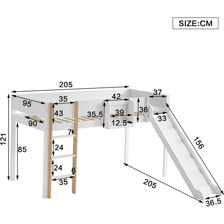 Hochbett Kinderbett 90x200 mit Rutsche, Leiter und Regal, aus Kiefer MDF, Etagenbett Jugendbett, weiß-natur – Bild 4