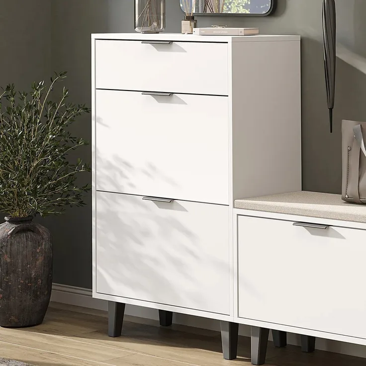 Roomart NORD Schuhschrank mit 2 Schuhklappen & Schublade – Schuhkipper für Flur, Diele & Eingangsbereich – H 112 x B 73.6 x T 35 cm • Weiß
