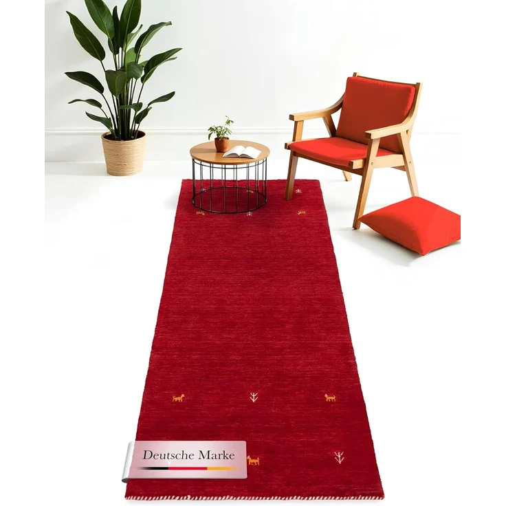 carpetfine 'Gabbeh Uni' Wollteppich, reine Wolle, Rot, 80 x 300 cm – Bild 1
