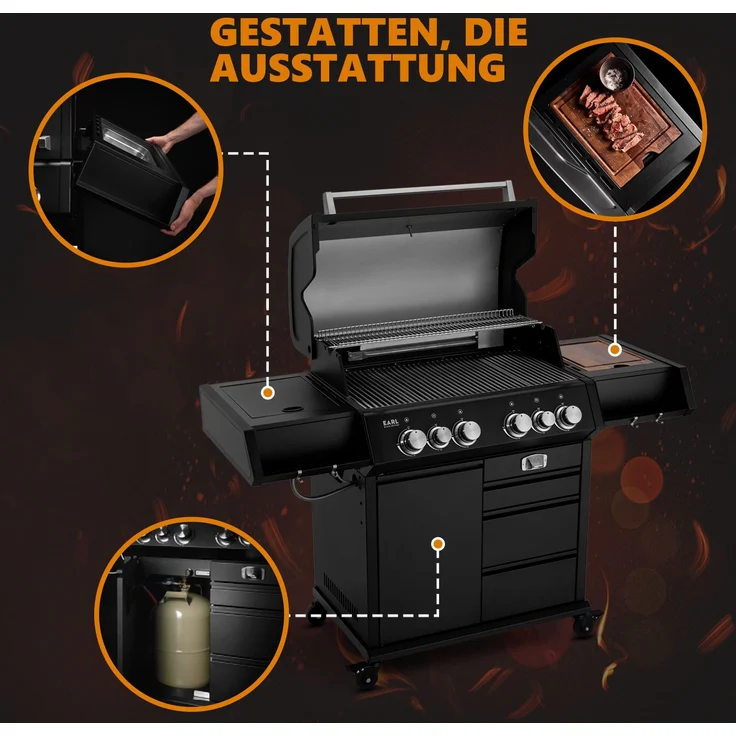 BURNHARD® 4-Brenner Gasgrill Edelstahl inkl. Heckbrenner, mit Gusseisen Grillrost & inkl. stabiler Abdeckhaube, Seitenkochfeld mit Infrarot Keramikbrenner, Schwarz - Big EARL - Schwarz - #946399 – Bild 5