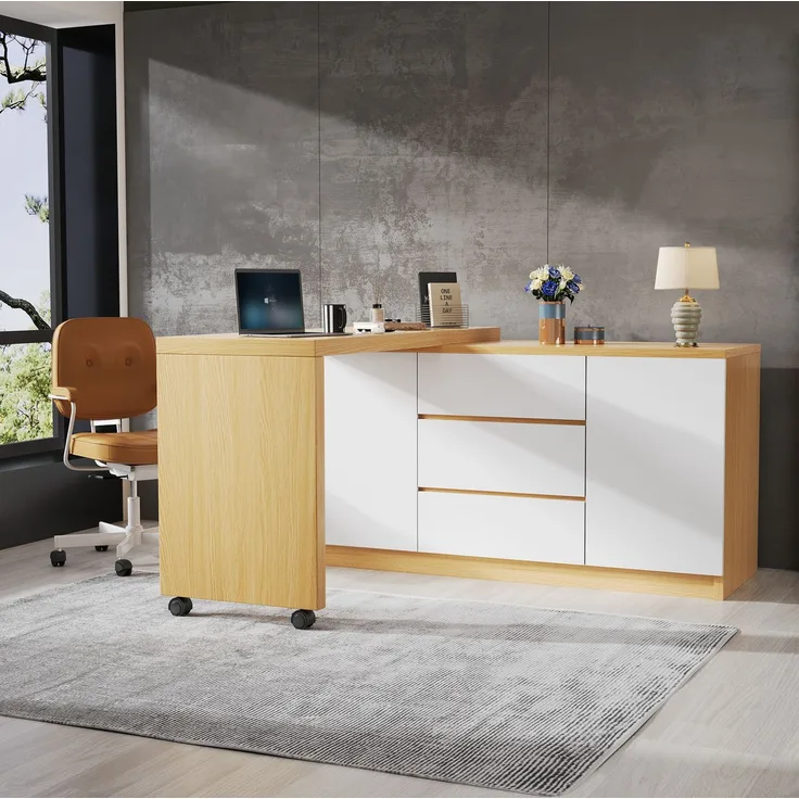 Schreibtisch mit drehbarer Tischplatte, Stauraum & Rollen, 120x50x76,5 cm, Eiche/Weiß