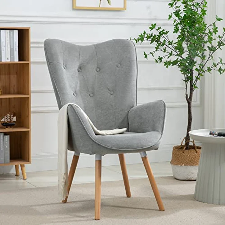 MEUBLE COSY Sessel Wohnzimmer Relaxsessel Lesesessel Lehnstühle Polstersessel Einzelsofa mit Holzbein Ohrensessel für Schlafzimmer Büro Vanity, Stoff, Grau – Bild 3