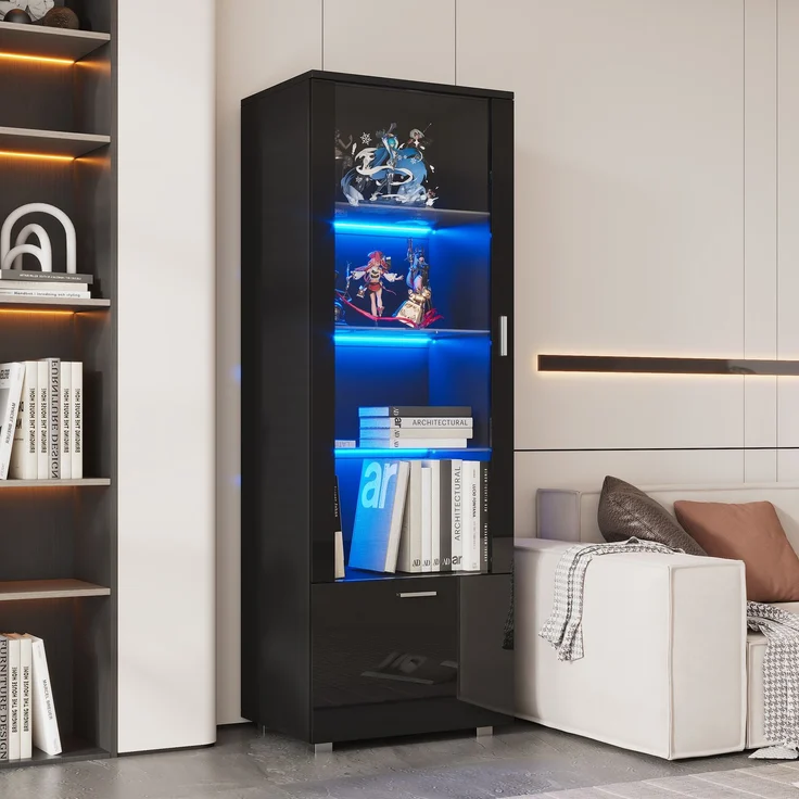 Schwarze Hochglanzvitrinen mit Acryltür, LED-beleuchtete Acryl-Vitrine, Vitrinen für Sammlerstücke, Parfümschränke, Bücherregale und Acryl-Vitrine mit schwarzen Hochglanztüren (3 Fachböden)--Schwarz--40x50x160cm--YOUDENOVA – Bild 4