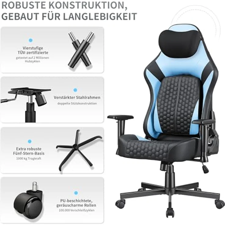 JUMMICO Gaming-Stuhl mit Verstellbarer Lendenwirbelstütze & 2D-Armlehnen, 90-140° Neigbar, Ergonomischer Computerstuhl aus Kunstleder, Atmungsaktiver Bürostuhl für Gamer & Büro, 150 kg, Blau – Bild 8