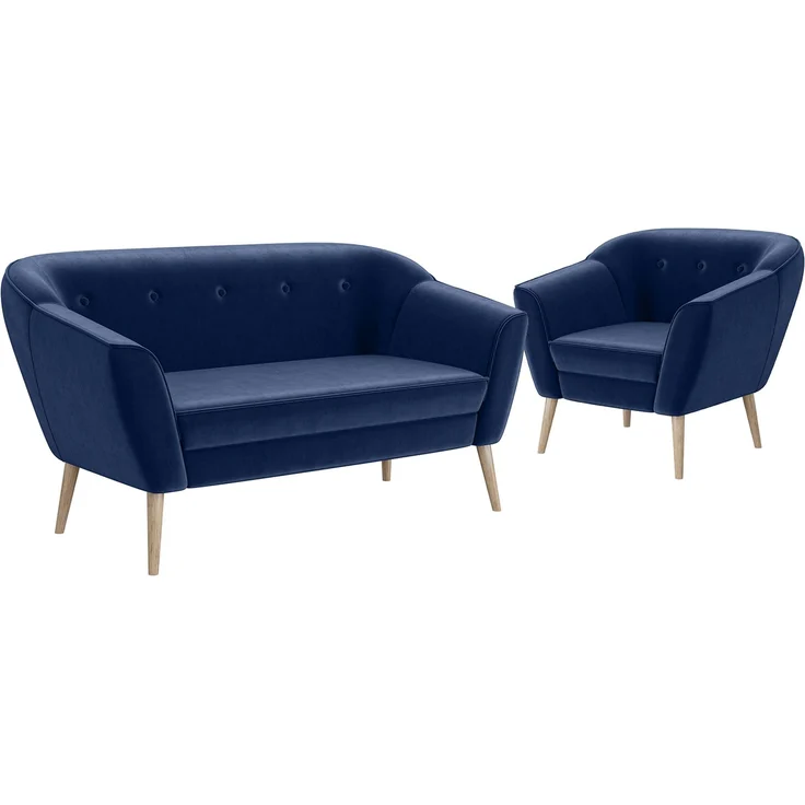 MEBLINI Mini Sofa Set 2-1 für Wohnzimmer - Mini Lounge für drei Personen - Küchensofa - Sofa Klein - Sitzgarnitur - Polstergarnitur - Sofagarnituren - DORIS - 2+1 - Blau Samt – Bild 1