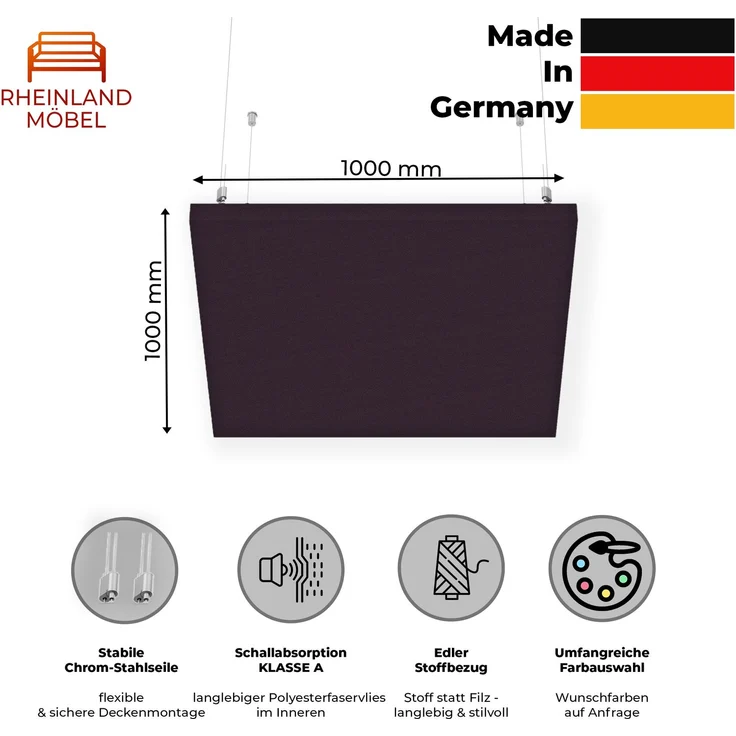 Rheinland Möbel FocusWall DAQ1010 – Quadratischer Akustik-Deckenabsorber 100×100 cm in Stofffarbe Tarot inkl. Chrom-Stahlseilen - Made in Germany - Klasse A, Stoffbezug, schwer entflammbar – Bild 2
