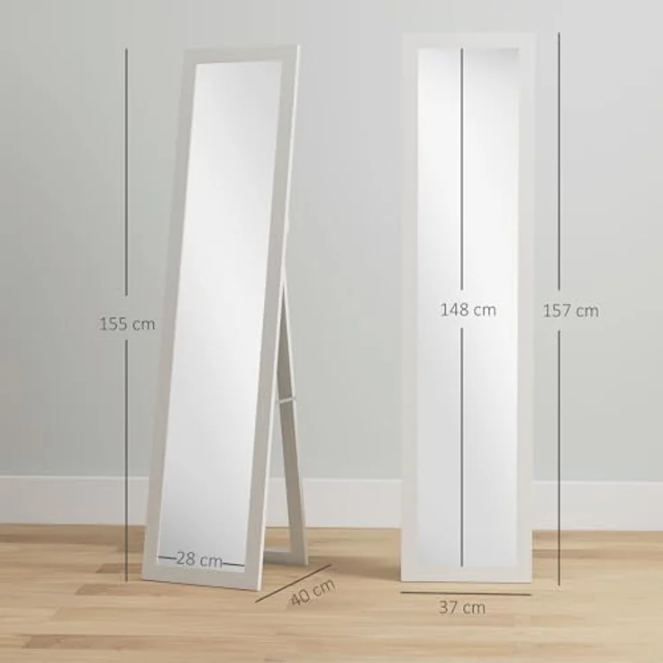 HOMCOM Standspiegel mit Ständer und Haken (Stehspiegel, 1-St, Wandspiegel), für Wohnzimmer, Schlafzimmer, Weiß – Bild 8