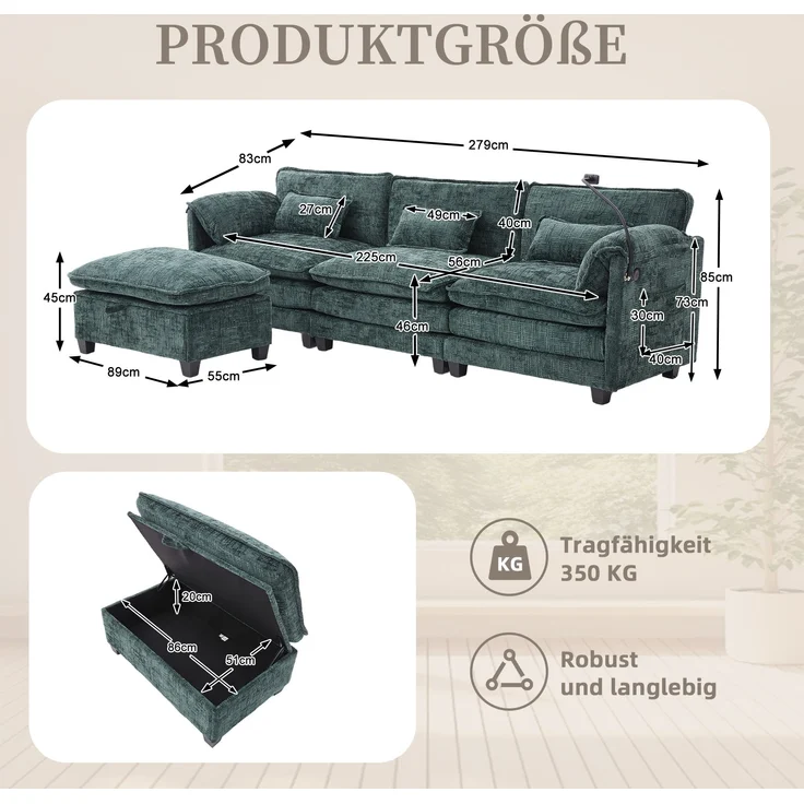 LVHOM 3-Sitzer Sofa mit Hocker, L-Form Ecksofa mit Stauraum, Modulares Sofa mit USB-C-Anschluss, Handyhalter und Seitentaschen, weiche Chenille-Stoff, Couchgarnitur, Grün – Bild 6