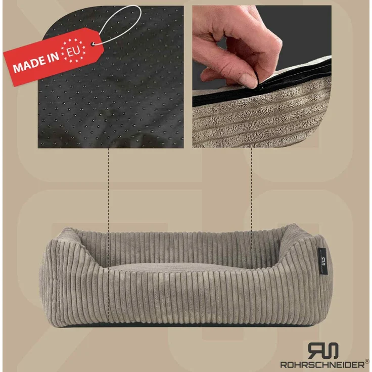 ROHRSCHNEIDER Hundebett - Cord, Hundekorb, Tierbett, Wendekissen, Bezug waschbar, rutschfest Taupe 15x55x42cm – Bild 2