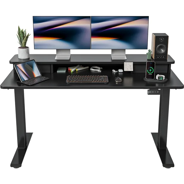 FEZIBO Schreibtisch Höhenverstellbar Elektrisch mit oberen Schubladen, 140x60 cm Stehschreibtisch mit Memory-Steuerung, Schwarz Rahmen/Schwarz Oberfläche