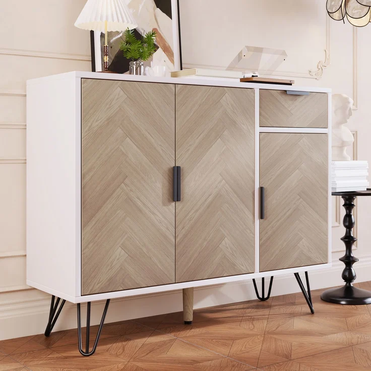 Aufbewahrungsschrank Weiss Holzoptik 90x30 cm mit Schublade und 3 Türen Metallfüße Schwarz Regal Sideboard für Wohnzimmer Flur – Bild 7