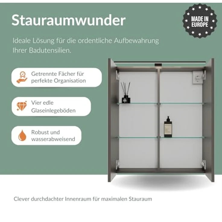 Planetmöbel ARIA Spiegelschrank Bad mit Beleuchtung 70 cm breit | Badschrank hängend mit Spiegel | Anthrazit, mit Leuchte und Steckdose, Spiegelschrank Gäste WC 70 x 70 x 16 cm – Bild 5