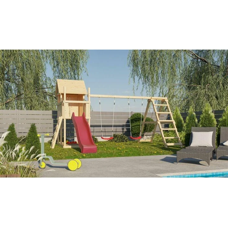 Karibu Kinderspielhaus Frieda Set Aktion2 naturbelassen mit Anbau, Doppelschaukel, Klettergerüst und Rutsche rot – Bild 14