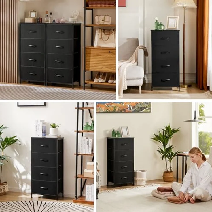 DUMOS Kommode mit Schubladen - Kommoden & Sideboards für Schlafzimmer Geeignet, Komodenschrank mit 4 Schubladen, Stoffkommode mit Stabilem Stahlrahmen, Ideal für Schlafzimmer, Wohnzimmer (Schwarz) – Bild 7