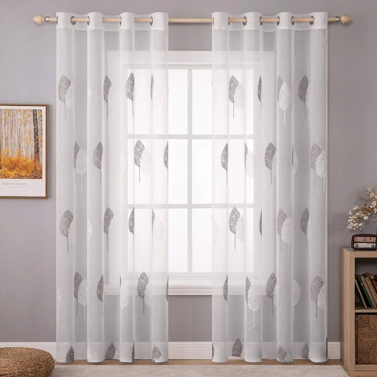 MIULEE Gardinen mit Grau und Weiss Blätter Muster 2er Set 140x245cm | Modern Stickerei Wohnzimmer Vorhänge Transparent mit ösen für Schlafzimmer Deko, Schöne Blätter Muster Vorhang Fenster