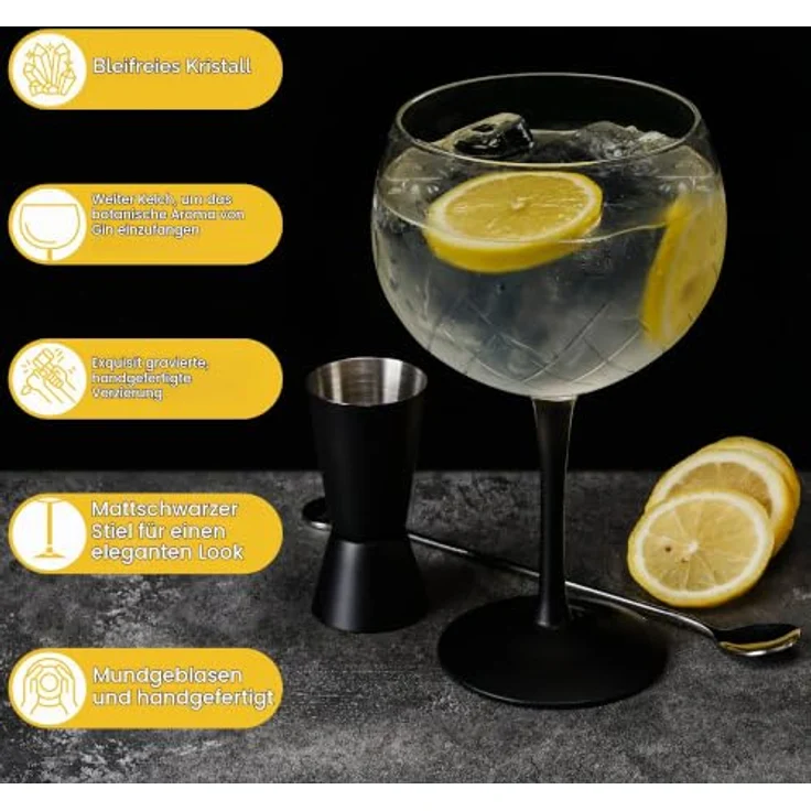 MiaMio Cocktailglas Crystaluna Gin Tonic, 650 ml, schwarzer Stiel, 2-tlg, Glas – Bild 3