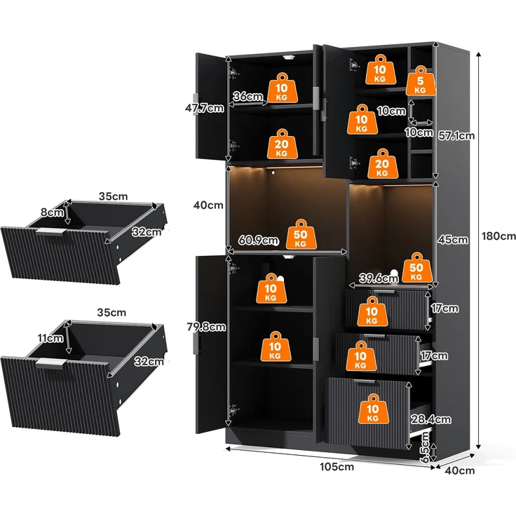 Merax 180cm Küchenschrank, moderner hoher Aufbewahrungs- und Weinschrank mit verstellbaren Einlegeböden, 3 Schubladen, Weinregal, farbwechselnder LED-Beleuchtung und Steckdosen – Bild 4