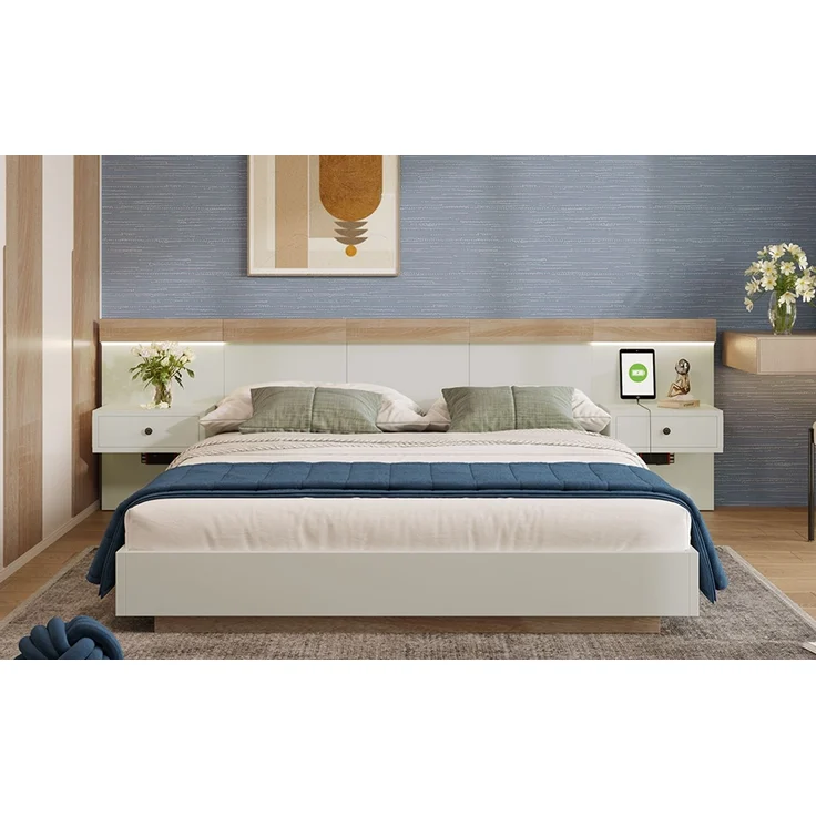 Doppelbett aus Holzwerkstoff mit LED-Nachttischen & USB-Anschluss, 180x200 cm, Eiche/Weiß, ohne Matratze – Bild 8