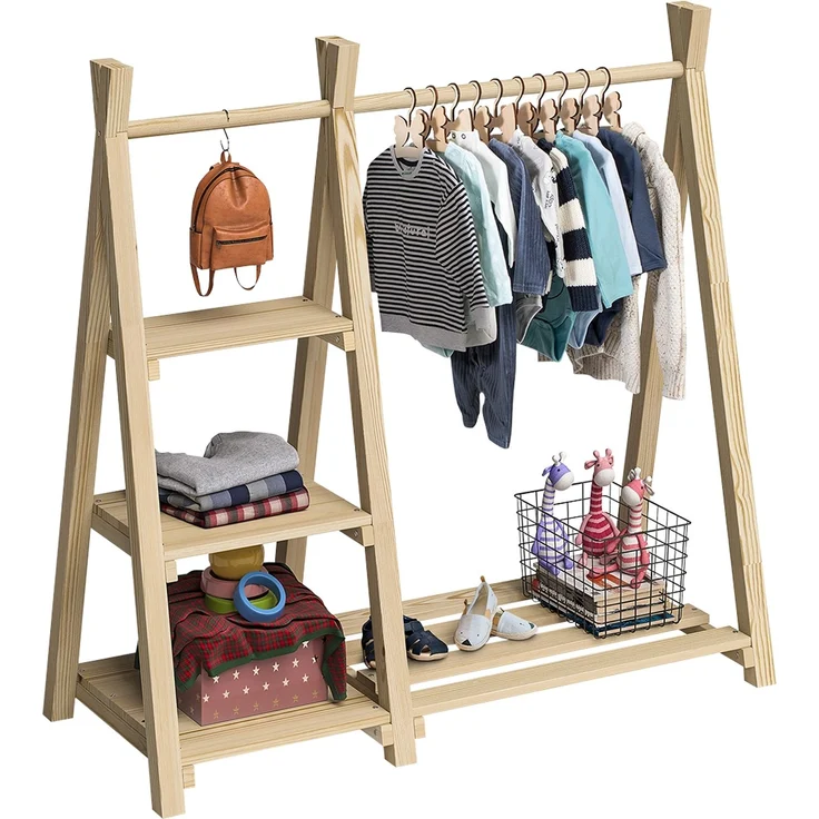 Bellabino 'Ryck' Tipi Kleiderstange mit 3 Regalen, Kiefer Massivholz, natur, 112x48x112 cm, Kindergarderobe mit Schuhablagefläche – Bild 10