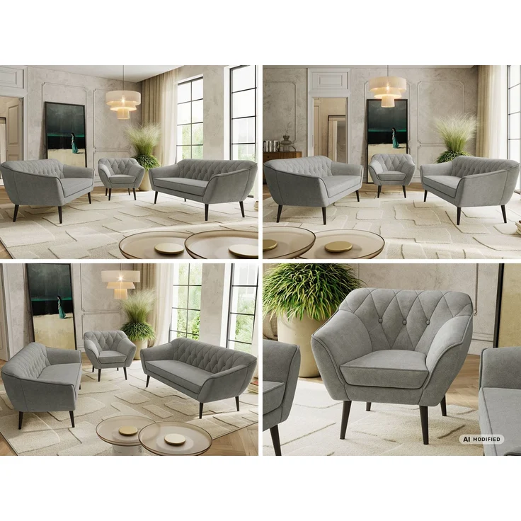 Wohnzimmerset, Möbelset PIRS 3-3-1, Armlehnen, Wellenfederung, schwarze Füße, Dreisitzer Sofas mit Sessel, Polstermöbel Set - Grau Stukture – Bild 2