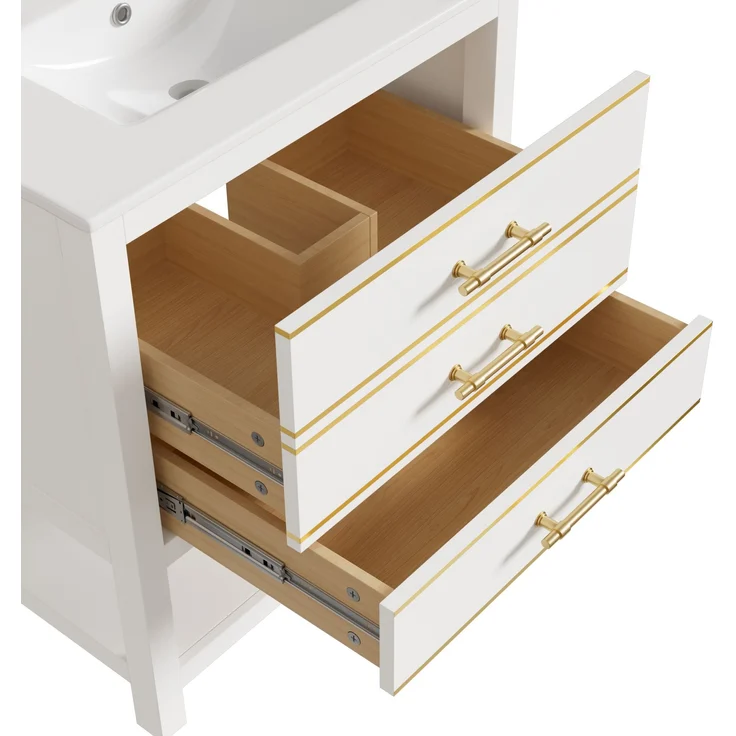Waschtisch-Unterschrank 76 cm Weißgold mit Keramikbecken 2 Schubladen gold handhaben – Bild 8