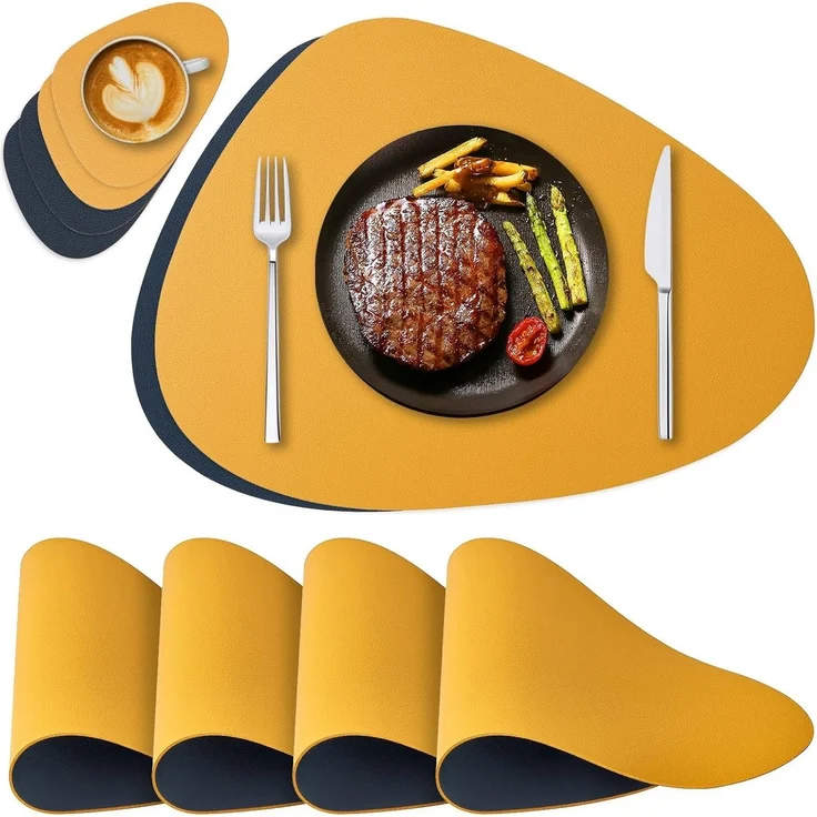 Rhein Beleuchtung Platzset Tischsets und Untersetzer aus Leder, doppelseitig(Graugelb, 4er-Set), (Set, 4-St, tischsets platzsets abwaschbar, tischset leder, tischmatte), Hitzebeständig, wärmeisolierend, rutschfest, beidseitig verwendbar – Bild 5