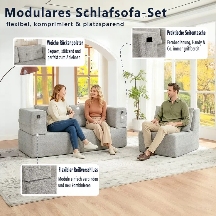 ZUBALIYA SchlafSofa mit breiten Armlehnen, modular aufgebaut, ohne aufwendige Montage, für Wohnzimmer und Apartments, Dunkelgrau – Bild 13
