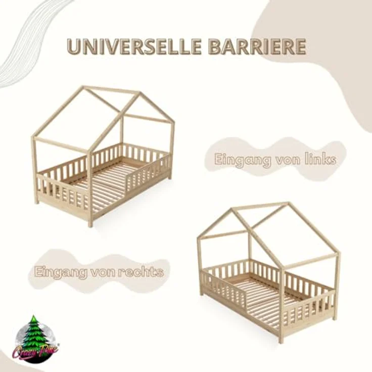 Crazy Pine 'Crazy House' Hausbett mit abnehmbaren Rausfallschutz, Naturholz, Natur, 90x200 cm, mit Höhenverstellbaren Beinen – Bild 9