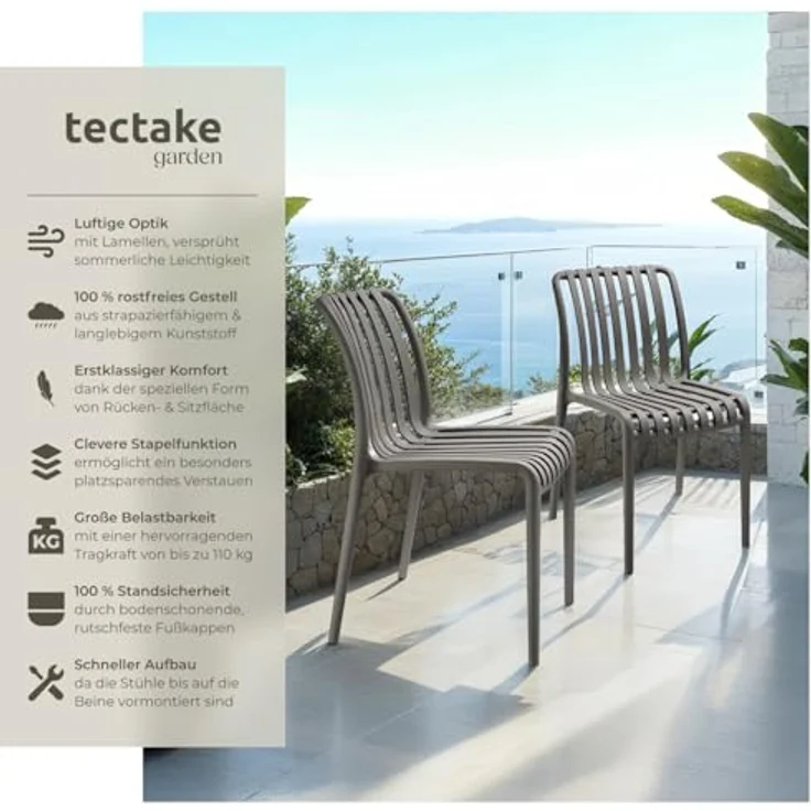 tectake Gartenstuhl Balkonstuhl, stapelbar, Belastbarkeit 110 kg, 47 x 58 x 80,5 cm (Terrassenstuhl Alcudia für Außen in Antrazit, 2 St), wetterfest und UV-beständig, pflegeleicht, rutschfeste Gummischoner – Bild 4