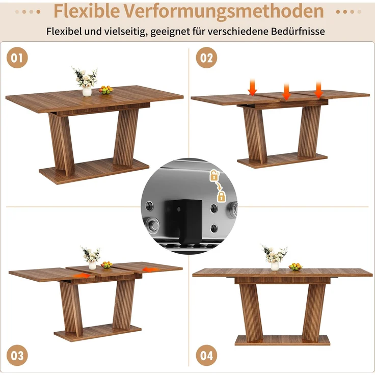 JARDJ Ausziehbarer Esstisch Modern, Massivholz Optik Tisch, Stabiler Sockel mit Verstellbaren Anti-Rutsch-Füßen, Flexibler Esszimmertisch für Kleine Räume und Küche, Dunkelbraun – Bild 8