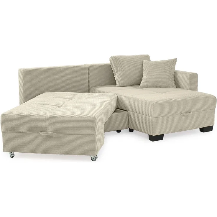 Ecksofa Schwenkfunktion Doppelbett Schlafcouch Bettkasten Cordbezug Beige Grau – Bild 7