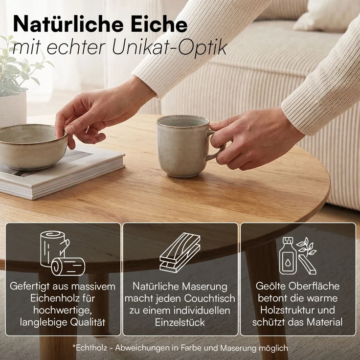 skølm 'Mjölnir' Couchtisch rund, Massivholz Eiche, natur geölt, Wohnzimmertisch Ø70 cm, Beistelltisch für Wohnzimmer – Bild 2