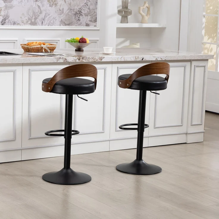 LVHOM Barstuhl 2er Set, 360° drehbarer Barhocker mit Rückenlehne und Fußstütze, höhenverstellbarer Tresenhocker aus Bugholz & PU-Leder, Schwarz – Bild 8