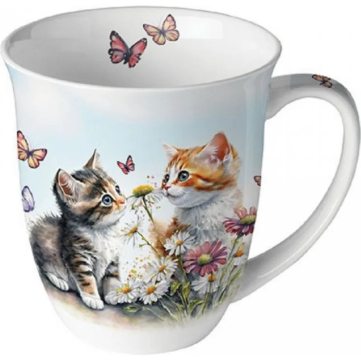 Ambiente Luxury Paper Products Becher Porzellan, Kätzchen, Garten, Katze, Katzen Kollektion, 1-tlg, Porzallan Mug 0,4 L Kätzchen im Blumenfeldtasse, Blumen - Pflanzen, Tiere Motiv, Blumen, Pflanzen, Tiere. ideal als Geschenk