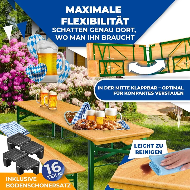 KESSER® Bierzeltgarnitur, 3 teilig, Klappbar, 2x Bierbänke 1x Biertisch 16-teiliges Bodenschoner-Set, Holz Natur, 220 x 50 x 77 cm – Bild 7