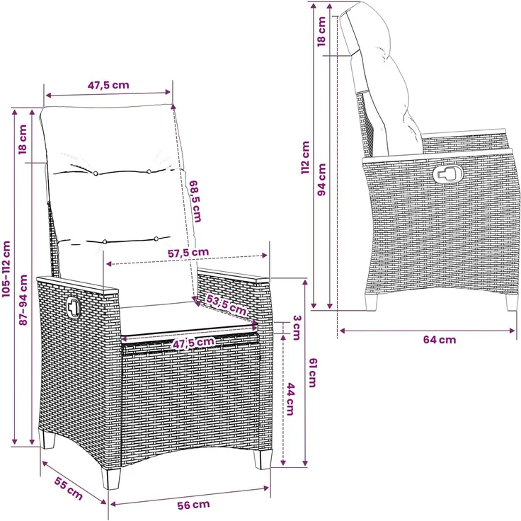 vidaXL Verstellbarer Gartenstuhl Beige und Creme 64 x 57,5 x 112 cm 42026866 – Bild 12