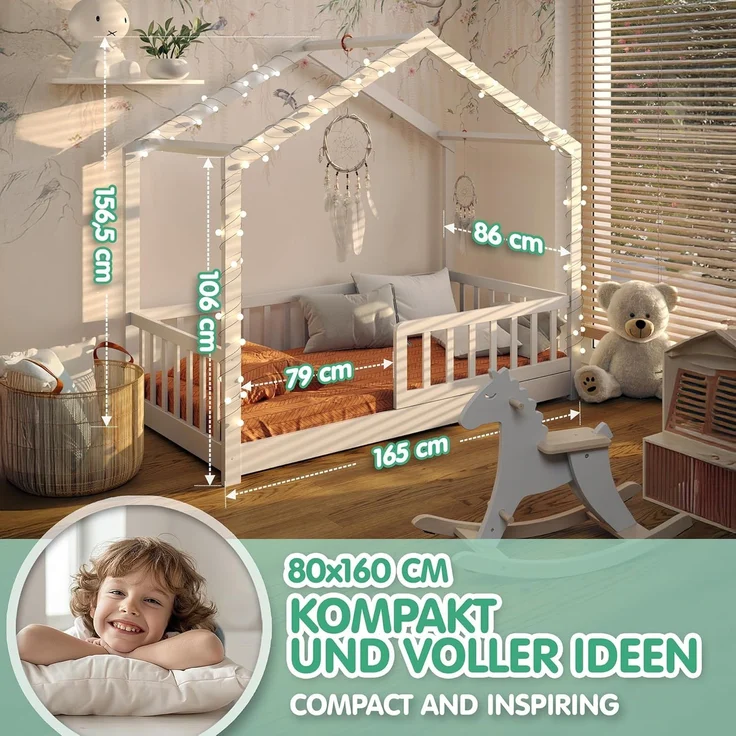 CADANI Malte Hausbett 80x160 cm Bodenbett Weiß, Rausfallschutz abnehmbar, Montessori Kinderbett Umbaubar inkl. Roll-Lattenrost – Bild 2