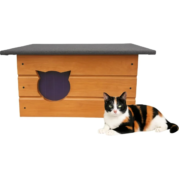 QLS Katzenhaus Isoliert aus Holz 60x40x40 cm, Outdoor Draußen Winterfest mit Vorhang, Teak – Bild 1