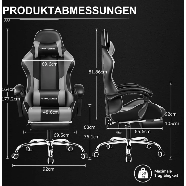 GTPLAYER Bürostuhl Gaming Stuhl Massage Gaming Sessel Ergonomischer Gamer Stuhl mit Fußstütze, Gepolstert Gaming Chair, Drehsessel 150KG, grau – Bild 6