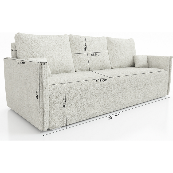 Wohnero 24 Bianca Premium Schlafsofa 207x93 cm mit Bettkasten & Schlaffunktion – 191x142 cm Liegefläche, 3-Sitzer Design Sofa - Weiss – Bild 4