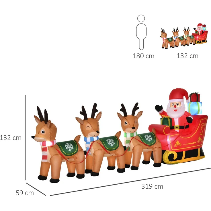 HOMCOM Aufblasbare Weihnachtsdekoration, Polyester, Braun+Rot+Grün, 319B x 59T x 132H cm – Bild 3