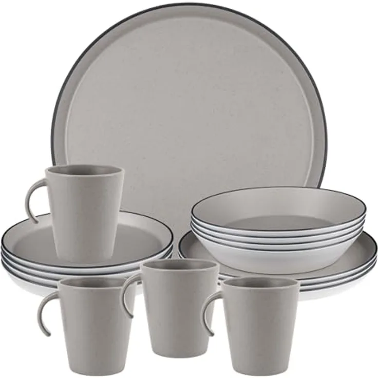 BRUNNER Iconic COMPACK Melamin Camping-Geschirr-Set 12/16-teilig für 2–4 Personen – Stapelbar, Antislip, BPA-frei, Steingutoptik