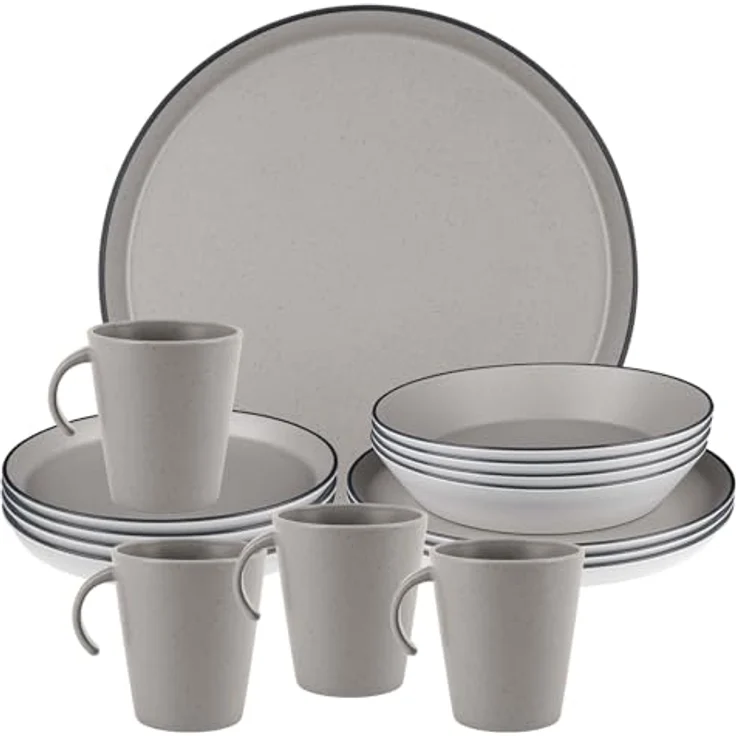 BRUNNER Iconic COMPACK Melamin Camping-Geschirr-Set 12/16-teilig für 2–4 Personen – Stapelbar, Antislip, BPA-frei, Steingutoptik – Bild 1