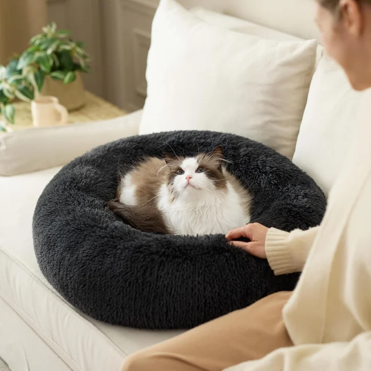 BEDSURE Hundebett waschbar Flauschiges Katzenbett - Ø 50 cm Donut Kissen, Katzenschlafplatz für Katzen Kleine Mittelgroße Hunde, Plüsch Katzenkissen Rund Kuschelbett Katzen Bettchen, Dunkelgrau – Bild 7