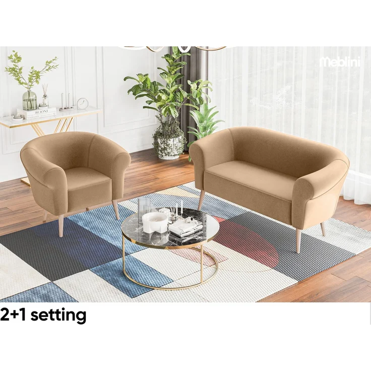 MEBLINI Mini Sofa Set 3-2-1 für Wohnzimmer - Mini Lounge für sechs Personen - Küchensofa - Sofa Klein - Sitzgarnitur - Polstergarnitur - Sofagarnituren - EMILIA - 3+2+1 - Beige Samt – Bild 6
