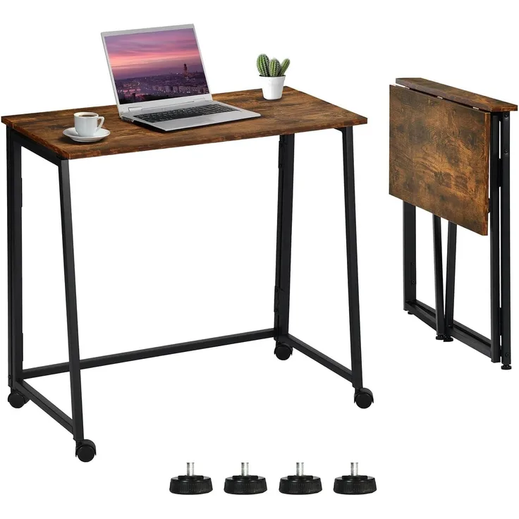 MEUBLE COSY Klapptisch mit Rollen Kleiner Klappbarer Schreibtisch Laptoptisch aus Holz und Metall Computertisch fürs Büro, Wohnzimmer, Home Office, Industrial Style, Braun
